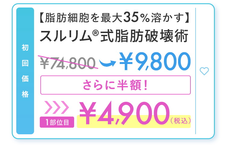 初回 脂肪細胞を最大35%溶かすスルリム式脂肪破壊術 1部位目4,900円(税込)