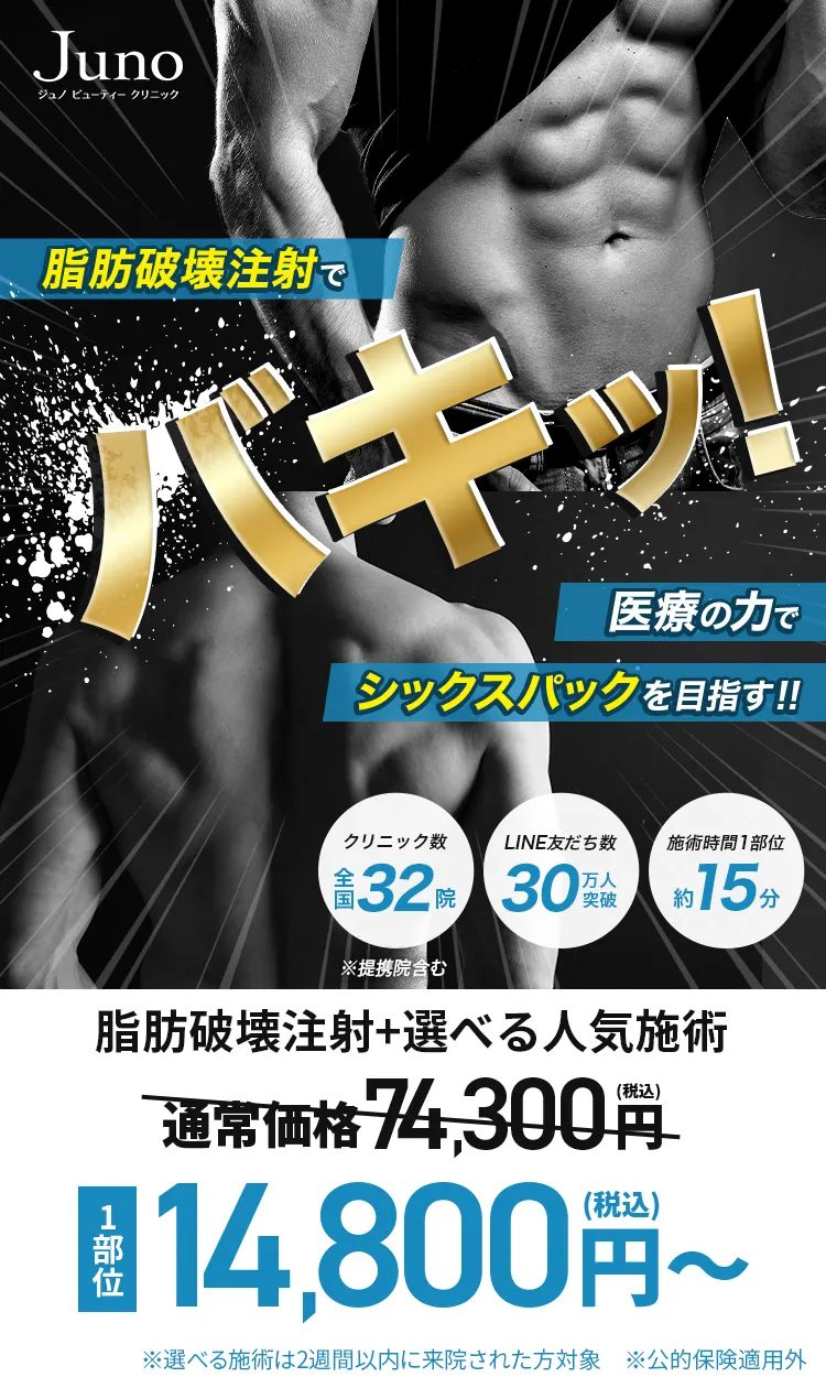 脂肪破壊注射でバキッ！医療の力でシックスパックを目指す 脂肪破壊注射1部位14,800円(税込)