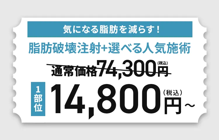 気になる脂肪を減らす！脂肪破壊注射+選べる人気施術 1部位 14,800円(税込)〜